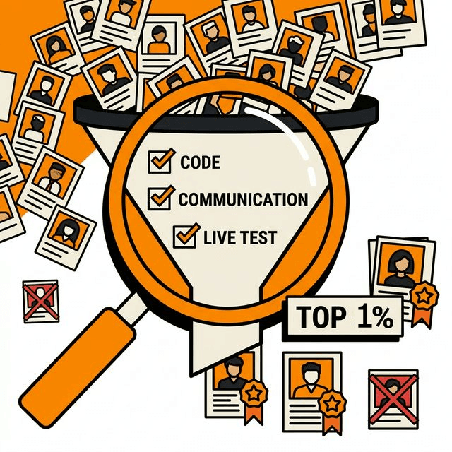 Rigorous developer vetting process — screening for code, communication, and live tests to find the top 1%